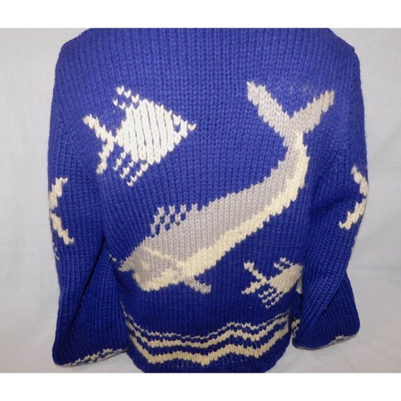 Vintage 50s 60s Cowichan cardigan Blue Whale Fish Wool Full Zip Sweater Jacket M - Picture 11 of 11